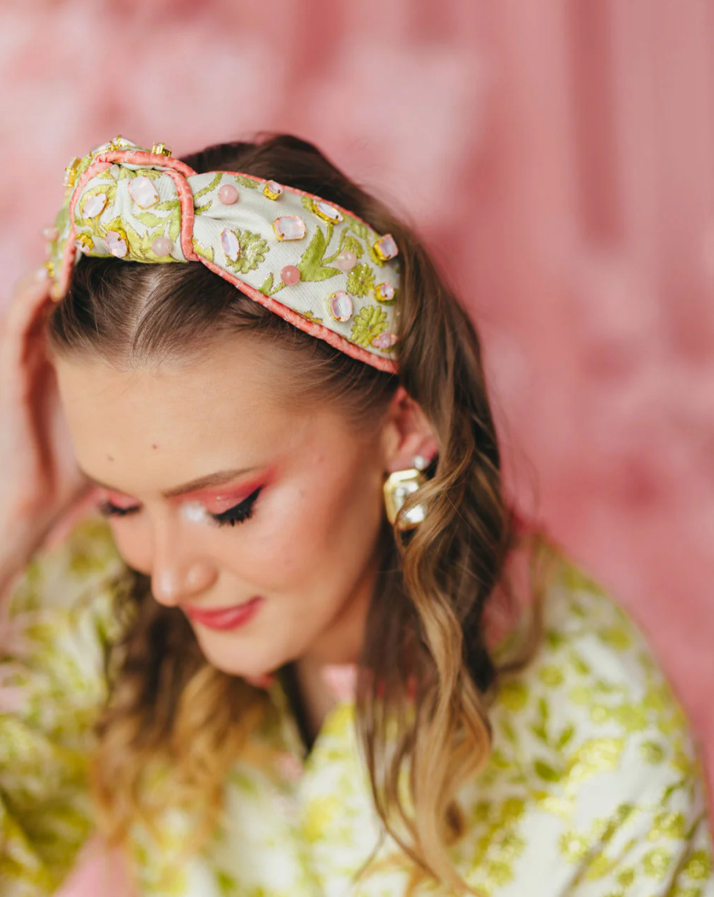 Brianna Cannon Embellished Knotted Headband Chartreuse & Blush Jacquard Size XS